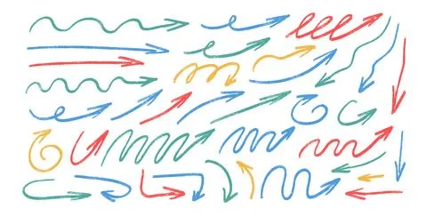 Arrows hand drawn squiggly set. Crayon multi colors curved thin pointers doodle Stock Illustration