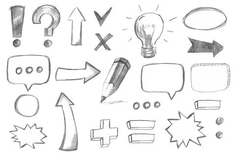 Arrows hand drawn vector set. Punctuation marks, question, exclamation, plus and Stock Illustration