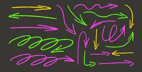 Arrows highlights hand drawn set. Neon marker straight and curved thin pointers イラスト素材