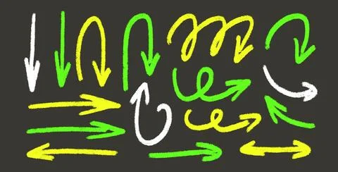 Arrows highlights hand drawn set. Neon marker straight and curved thin pointers Stock Illustration