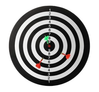 Arrows hitting target on dart board against white background Stock Photos