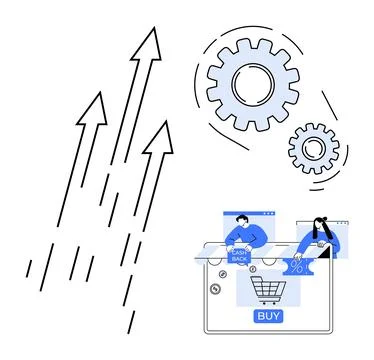 Arrows increasing, gears representing system optimization, and an e-commerce  Illustrazione stock