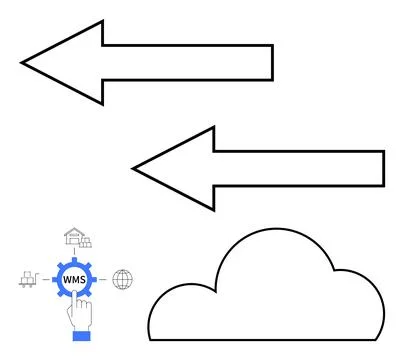 Arrows indicating data transfer between cloud storage and warehouse managemen Stock Illustration