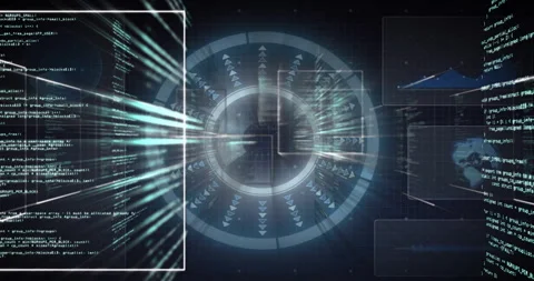 Arrows initiating scan on HUD, code panels sliding in, light streaks Stock Footage 313494543