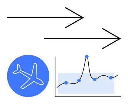 Arrows with linear lines a circular airplane icon and graph with plot points. Stock Illustration