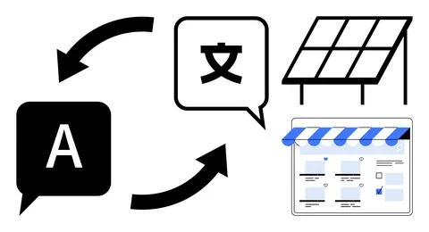 Arrows linking A and a foreign character indicate translation, solar panel su Stock Illustration