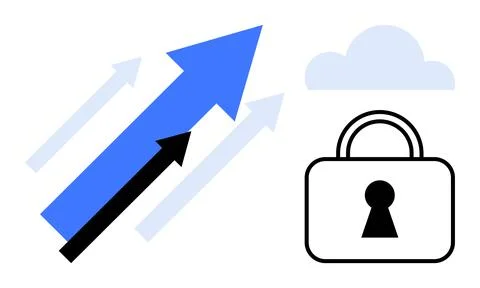 Arrows moving upwards towards cloud next to lock indicates data security and  Stock Illustration