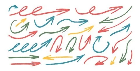 Arrows multi colors hand drawn set. Crayon straight and curved thin pointers Stock Illustration
