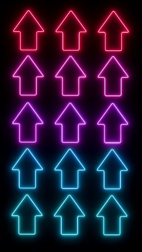 Arrows in neon light, illuminated in blue, purple and pink point upward. Video stock 335758448