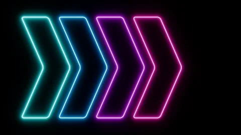 Arrows in neon light, illuminated in blue, purple, pink, arrows point to right Stockbeeldmateriaal 335758461