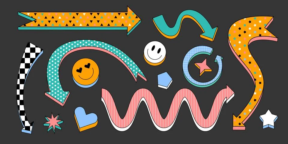 Arrows with playful patterns in retro design Illustrazione stock