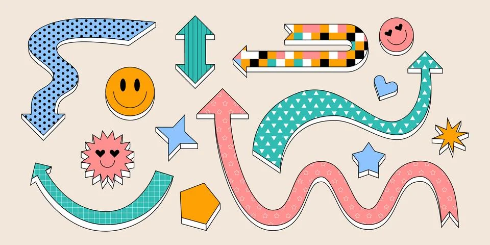 Arrows with playful patterns in retro design Illustrazione stock