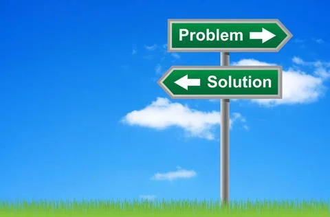 Arrows road sign problem solution on sky background. Arrows road sign prob... 스톡 사진