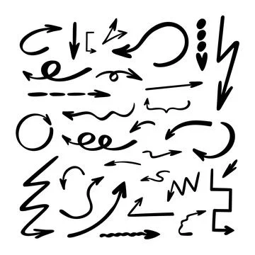 Arrows set simple hand drawn vector illustration, free form curved, straight  Stock Illustration