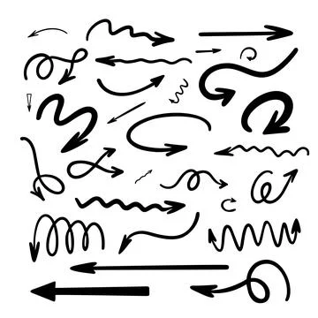 Arrows set simple hand drawn vector illustration, free form curved, straight Stock Illustration