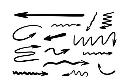 Arrows set simple hand drawn vector illustration, free form curved, straight Stock Illustration