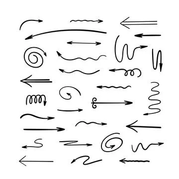 Arrows set simple hand drawn vector illustration, free form curved, straight Stock Illustration