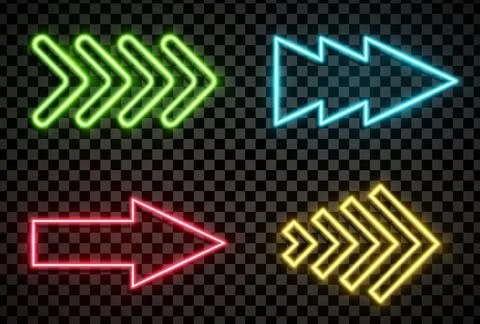 Arrows sign pack in realistic led neon tube style isolated on transparent Stock Illustration