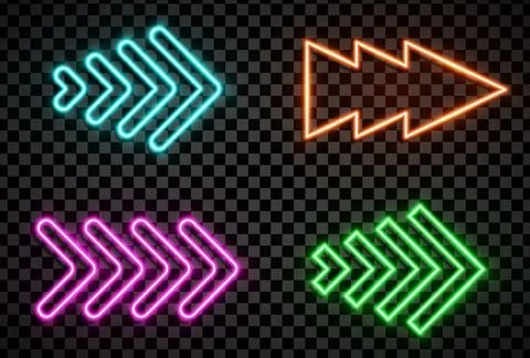 Arrows sign pack in realistic led neon tube style isolated on transparent Stock Illustration