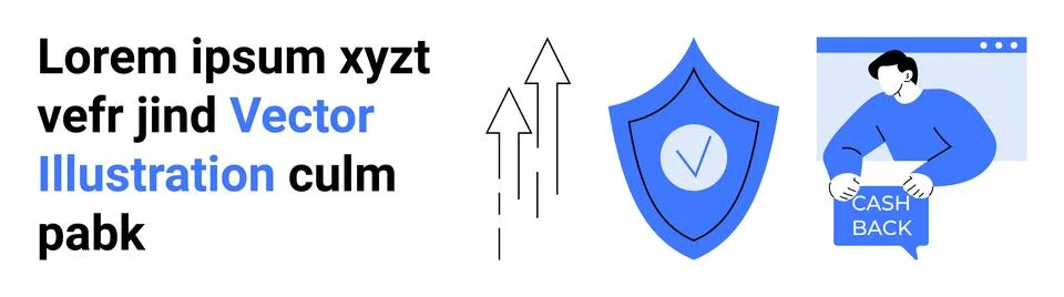 Arrows signify growth. Shield with checkmark for security. Man holding cash b Stock Illustration