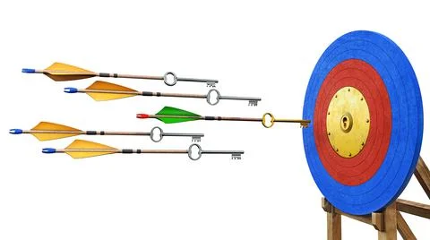 Arrows with silver key instead of arrowhead are flying to the archery target Stock Illustration