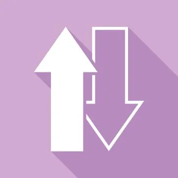 Arrows top down sign. White Icon with long shadow at purple background. Illus Illustration