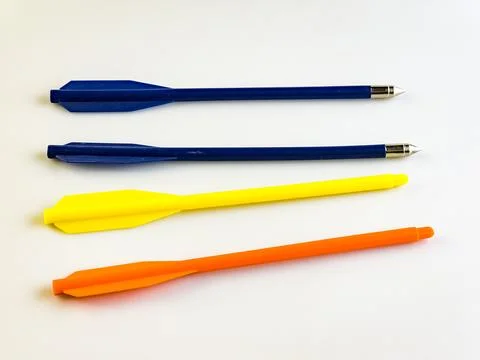Arrows for a training crossbow on a white background. Arrows with and without Stock Photos