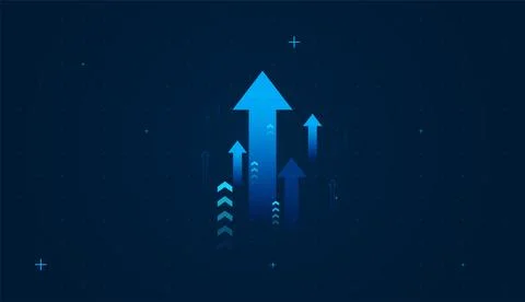 The Arrows up trend groups with mini dots on dark background, blue arrow re.. Stock Illustration