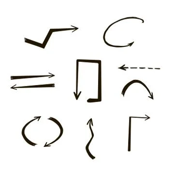 Arrows. Vector arrows in doodle style. Set black thin arrows on white backgro Stock Illustration