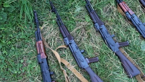 Arsenal of firearms weapon, AK-47, Kalashnikov Stock Footage