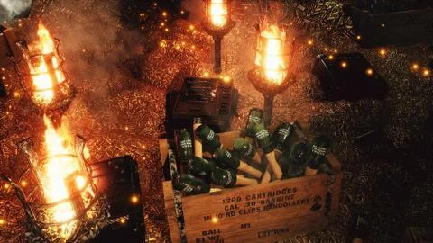 The arsenal of weapons. Bullets, boxes of explosives. Military boxes with Stock Illustration