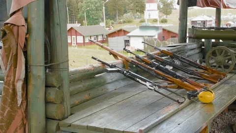 Arsenal of weapons, close-up of machine guns, firearms, AK-47, Kalashnikov Video stock 113547096
