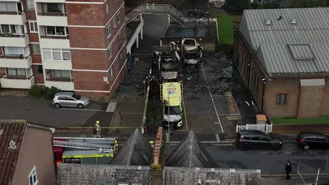 Arson attack on ambulances in London - drone footage Stock Footage 331286345