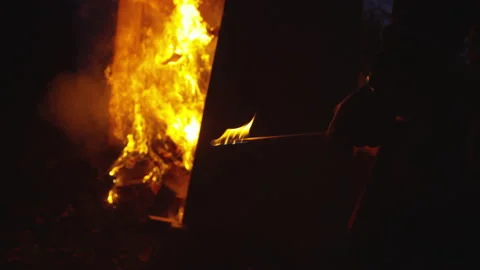 Arson Stands in the Woods in Front of a Blazing Fire Stock Footage 208780281
