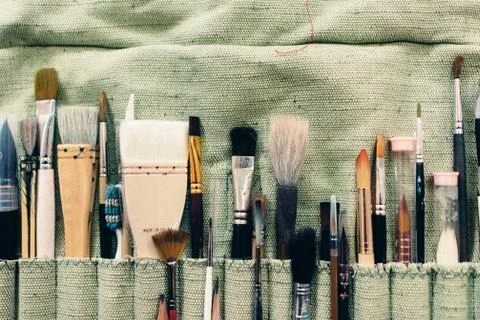 Art brushes different types for drawing on table Stock Photos