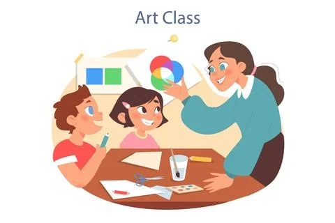Art class. Happy primary school kids learning how to draw and craft with a Stock Illustration