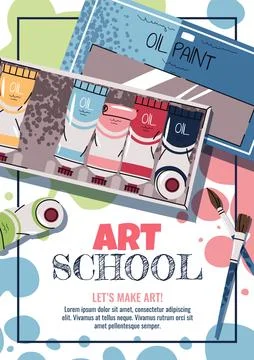Art Class Poster Template. Art Studio Cover for Kids and Adults. Oil Paints and Stock Illustration