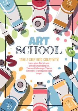 Art Class Poster Template. Art Studio Cover for Kids and Adults. Tubes of Oil Stock Illustration