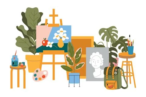 Art class studio interior with house plants, paintings and art supplies, ca.. Stock Illustration