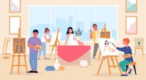 Art classes. Drawing live model process, girl poses for artists, painting Illustrazione stock