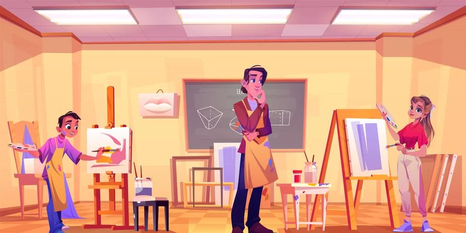 Art classroom workshop for paint in studio cartoon Stock Illustration