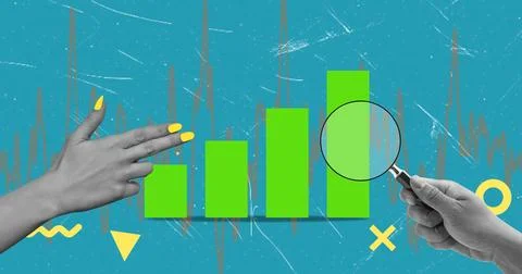 Art collage, Analyzing data trends with graphs and magnifying glass in mode.. Stock Photos