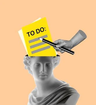 Art collage ancient statue bust with to do list. Foto stock