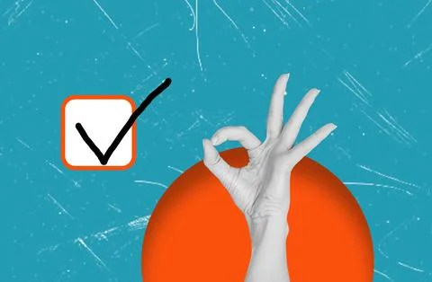 Art collage. A checkmark in a white square and a hand showing the 'all is wel Stock Photos