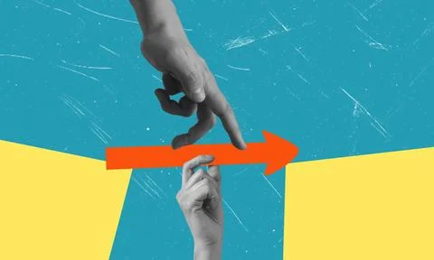 Art collage, Collaborative hands reaching toward a common goal in a vibrant.. Stock Photos