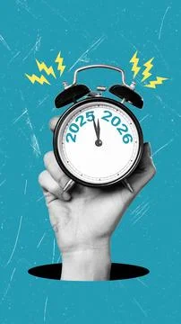Art collage, Countdown to the new year 2026 featuring an alarm clock with l.. Stock-Fotos