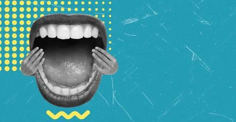 Art collage, Creative artwork featuring a large open mouth with hands on ei.. 写真素材