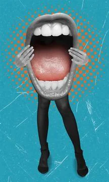 Art collage, Creative artwork featuring a large mouth with legs on a vibran.. 写真素材