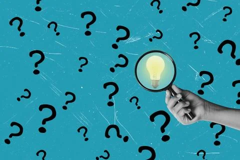 Art collage. A creative composition featuring a hand-held magnifying glass fo Stock Photos