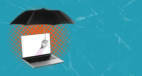 Art collage, Creative concept of a hand holding an umbrella over a laptop o.. Stock Photos